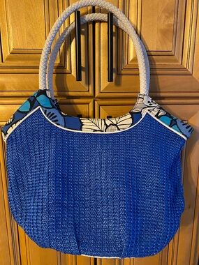 Vera Bradley Blue Woven Tote Bag with White Rope Handles